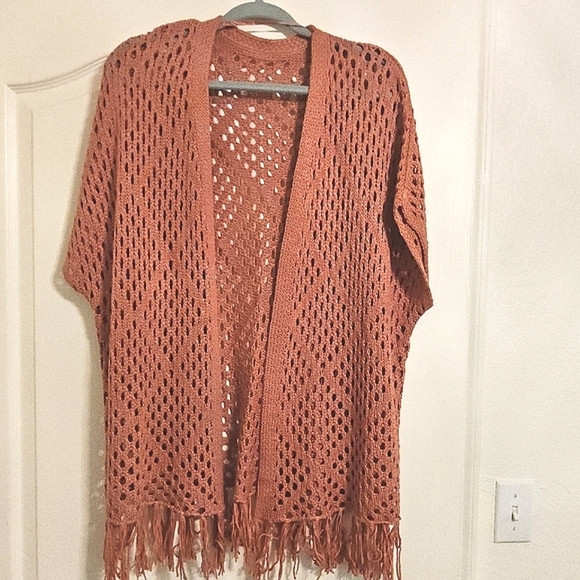 None Sweaters - Pink Open Front Cardigan with Loose Knit and Fringe Nwot